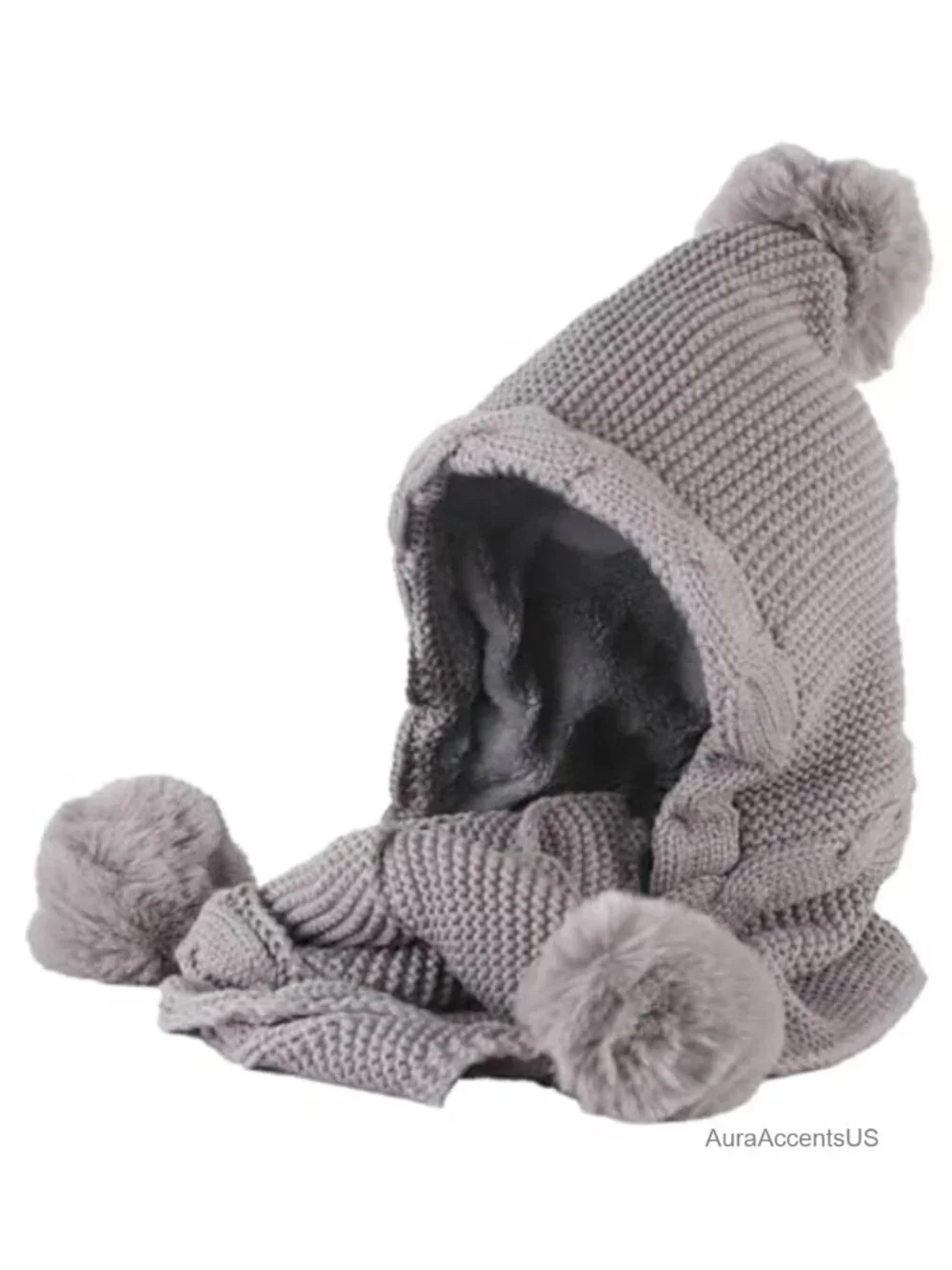 Hooded Scarf 2 in 1 Winter Beanie Hat with Faux Fur Pompom Fuzzy Knit Hat Scarf